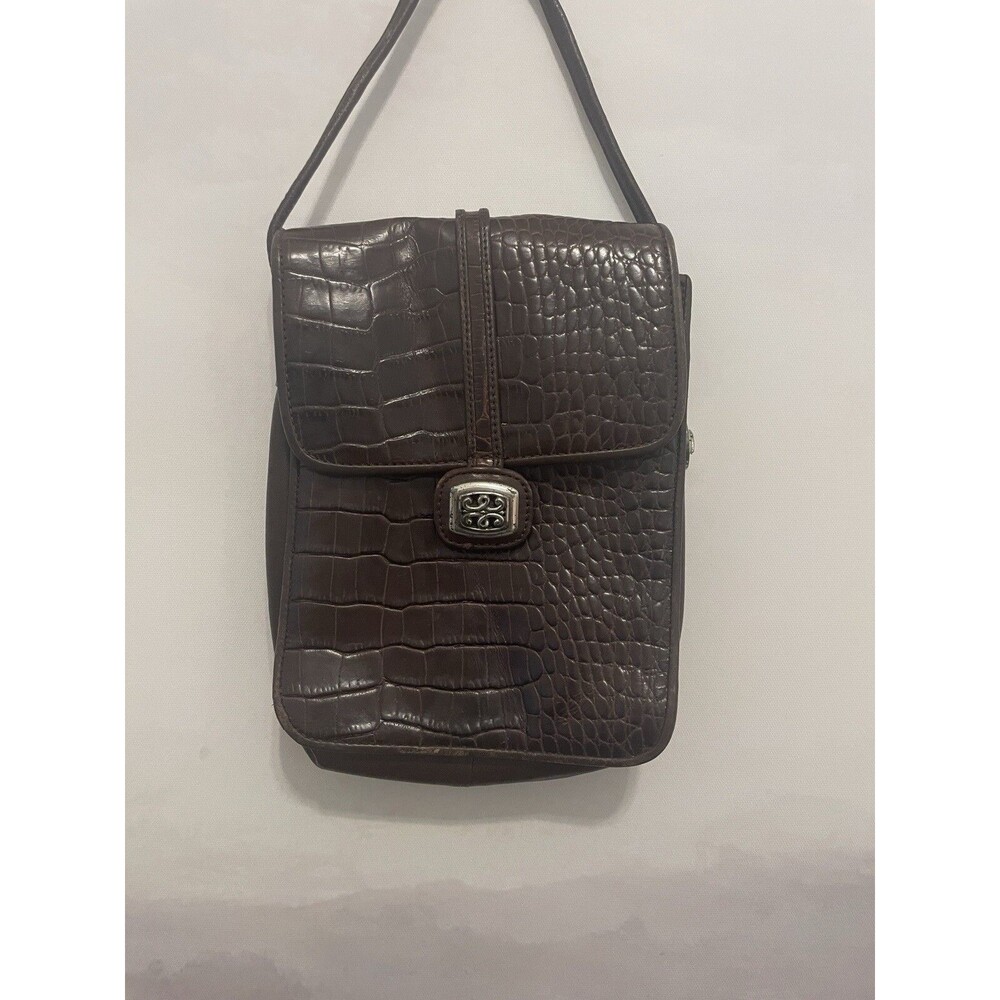 Vtg Brighton Brown Croc Embossed Leather Handbag Crossbody Preppy Bag Purse Sm